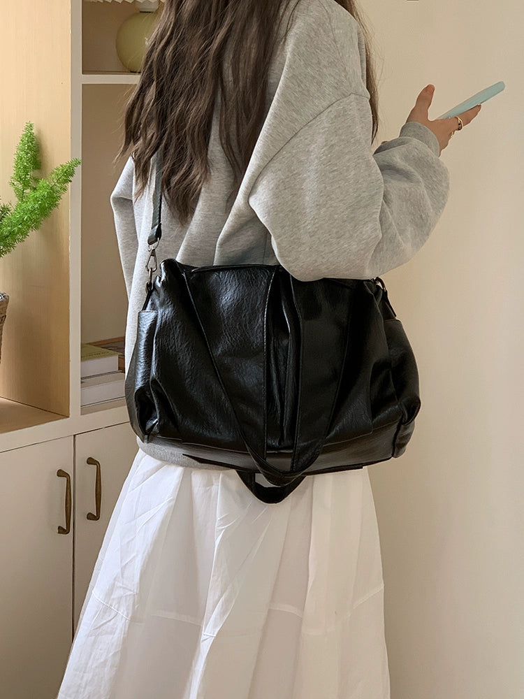 Túi Xách Tote Phong Cách Mỹ, Da Dầu Vintage, Dung Tích Lớn, Màu Đen, Cao Cấp, Túi Đeo Chéo Một Bên, Túi Đeo Vai Công Sở, Phong Cách Đa Dụng