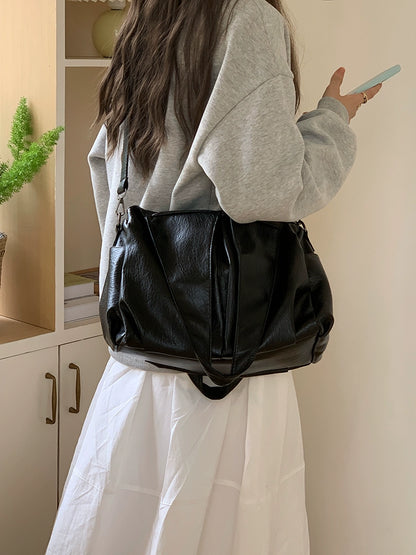Túi Xách Tote Phong Cách Mỹ, Da Dầu Vintage, Dung Tích Lớn, Màu Đen, Cao Cấp, Túi Đeo Chéo Một Bên, Túi Đeo Vai Công Sở, Phong Cách Đa Dụng