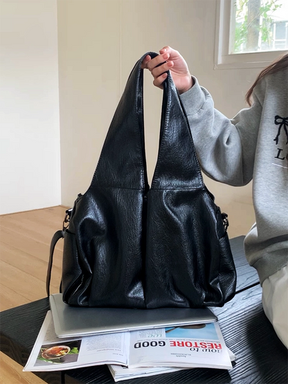 Túi Xách Tote Phong Cách Mỹ, Da Dầu Vintage, Dung Tích Lớn, Màu Đen, Cao Cấp, Túi Đeo Chéo Một Bên, Túi Đeo Vai Công Sở, Phong Cách Đa Dụng