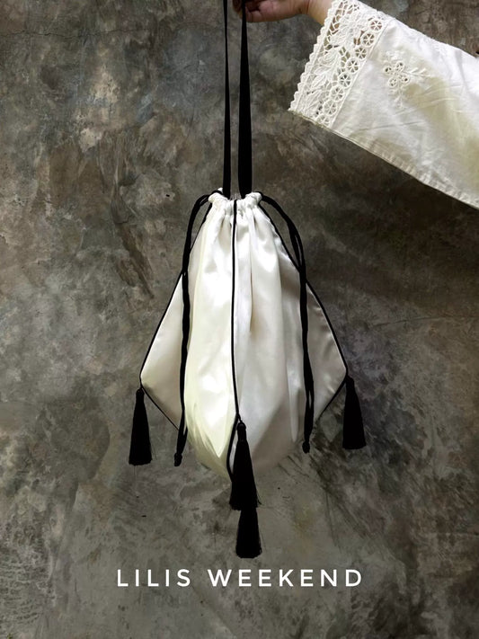 Lilis Weekend - Túi Xách Nữ Phong Cách Pháp Reticule, Thiết Kế Độc Quyền, Túi Xách Đèn Lồng Trung Cổ, Có Tua Rua